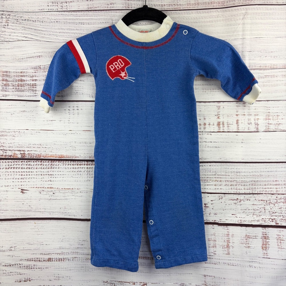 Vintage Health-tex Kids Blue Football PRO Romper Long Sleeve Snaps 18 Months USA